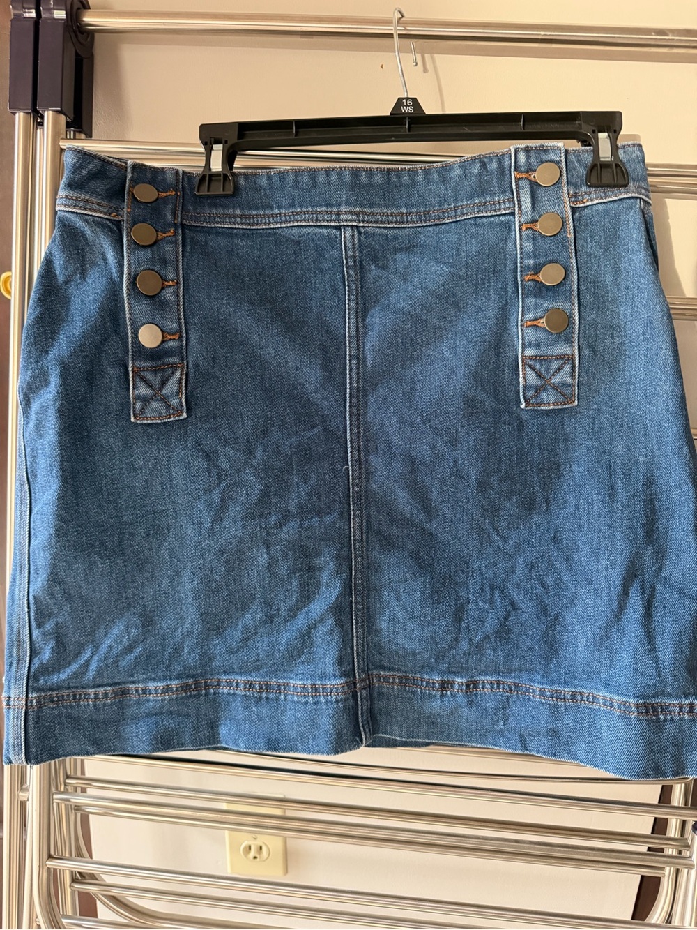 LOFT Blue Denim Mini Skirt with Button-Strap Detail